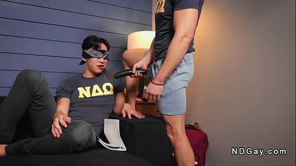 Blindfolded frat gay Cameron Neuton wanks and sucks cucumber in hands of Nico Coopa then hets deep throat blowjob before anal fucks Nico