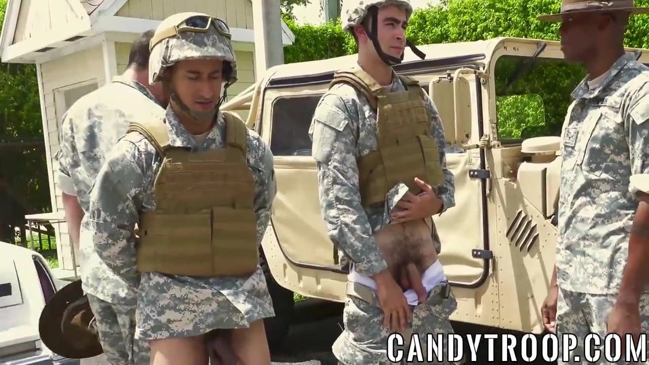 Military guys in an interracial outdoor gay orgy