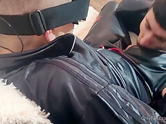 Scally boy pierre in shiny nylon tracksuite sucking master cock