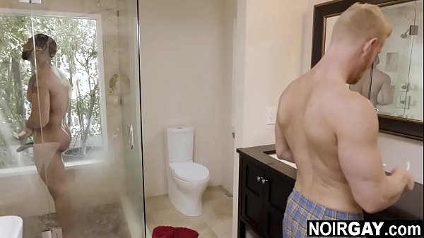 White and black gay roommates having interracial sex in bathroom