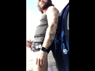 Bearded eats cum in public after he’s playing with his dildo